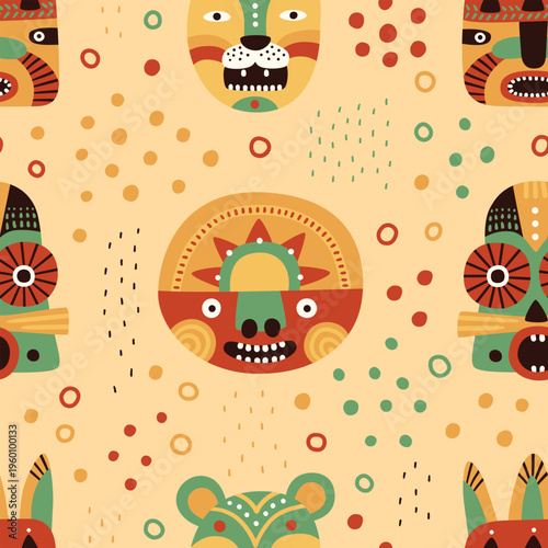 African ethnic mask illustration seamless pattern. Tribal head or face art decorative national design. Exotic masquerade ancient culture ornament. Flat boho style, symbol cartoon. Print, fabric.