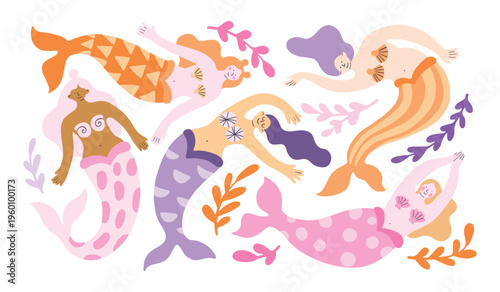 Funny mermaids characters on sea bottom with seaweed isolated set. Vector modern graphic design cartoon illustration. Simple underwater doodle concept, mermaid character. Fairy tale pastel colors.
