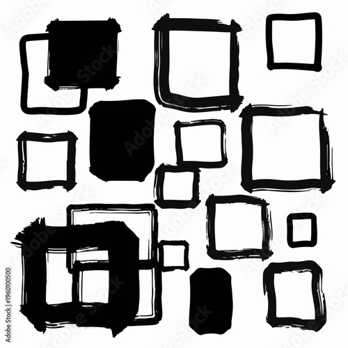 Hand drawn ink square frames, black brush stroke borders set, grunge textured geometric shapes, artistic vector collection for scrapbooking