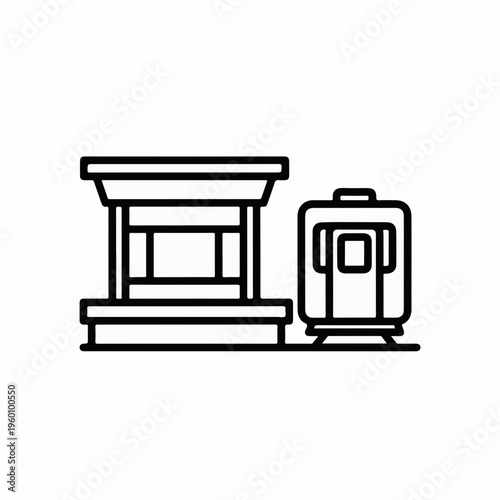 Minimalist train station icon, modern railway platform vector illustration, black line art of subway terminal and locomotive