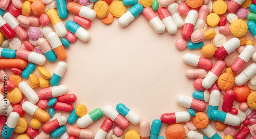 Obraz premium Colorful scatter of diverse pills and capsules forming an artistic pile