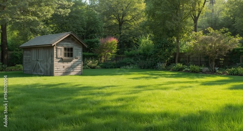 Outdoor shed in an enclosed yard with sprawling green grass and open space