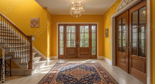 Bright yellow vestibule featuring modern stairs and a detailed oriental rug alongside wood and glass doors