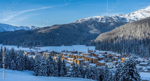 Snowy alpine resort village...