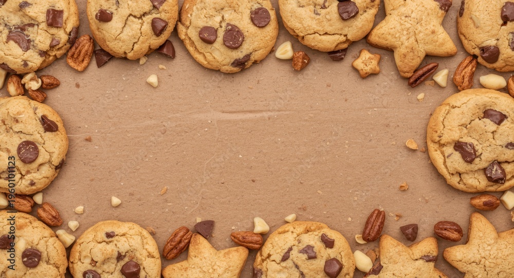 Naklejka premium Festive holiday cookies with chocolate chips nuts and dried fruits on a copy space background for sweet seasonal treat
