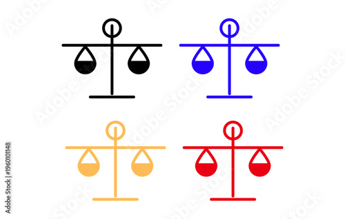 Colorful Justice Scale Icons Set — Balance and Law Symbols in Blue, Red, Yellow and Black