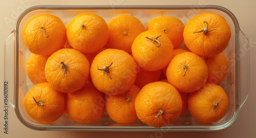 Bright ripe oranges stored in a transparent container