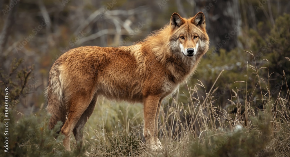 Fototapeta premium Red wolf with voluminous mane standing in wilderness