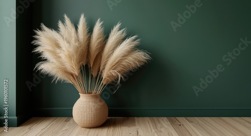 Modern home interior accented by deep green tones and pampas grass arranged in rustic basket