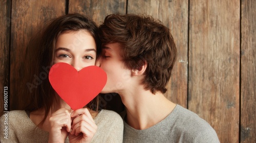 Romantic love theme for Valentines Day. A man and woman passionately embracing and kissing each other while holding a red heartshaped paper in front of them against a rustic wooden backdrop.