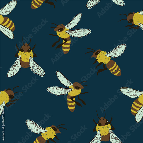 Hand drawn seamless pattern with chalky texture bees. Organic design with detailed honeybees