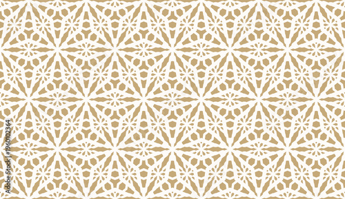 Golden abstract vector geometric seamless pattern. Luxury gold floral lattice, weave, grid, mesh. Winter frosty texture. Elegant ornamental background. Repeating design for fabric, print, wallpapers