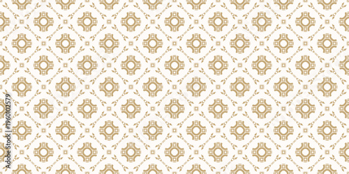 Luxury gold and white abstract geometric ornament. Elegant seamless pattern with exquisite grid, floral shapes, lattice, tiles. Golden vector background texture. Repeated design for wallpaper, print