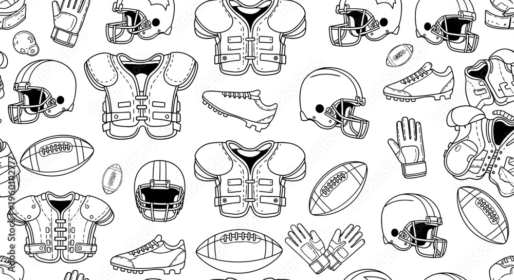 Naklejka premium Seamless Pattern of American Football Equipment, Helmets, Pads, Balls and Shoes, Hand-Drawn Sketch Style
