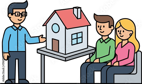 Real estate agent presenting a model home to couple at desk  