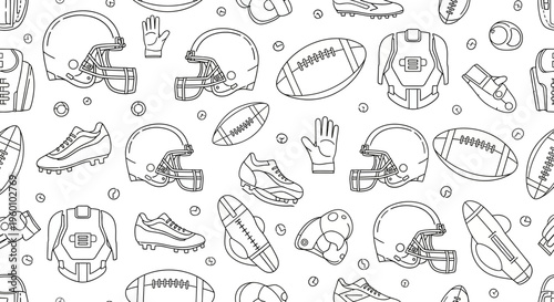 American football equipment seamless pattern. Hand-drawn line art illustration featuring helmets, balls, cleats, and pads, ideal for sports design.