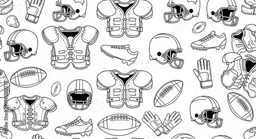 Seamless Pattern of American Football Equipment, Helmets, Pads, Balls and Shoes, Hand-Drawn Sketch Style