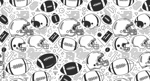 Dynamic seamless pattern featuring hand-drawn American football helmets and balls, ideal for sports-themed backgrounds, textiles, and graphic design projects.
