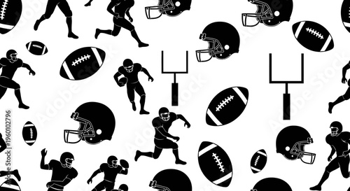 Dynamic seamless pattern featuring black silhouettes of American football players, helmets, goalposts, and balls on a clean white background, ideal for sports-themed designs and backgrounds.