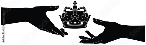 Two hands passing a crown, symbolizing royalty, power transfer, trust, and leadership.