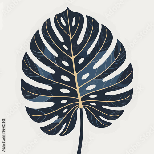 Minimalist dark monstera deliciosa leaf illustration with elegant gold vein accents featuring sophisticated botanical art design on a clean soft off white background