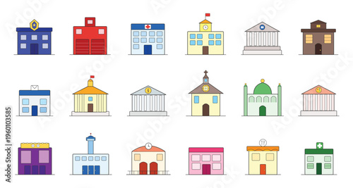 Set of city house and institution icons