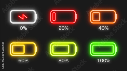 Neon battery level icons from empty to full with percentage marks. Bright electric indicators glowing on dark background.