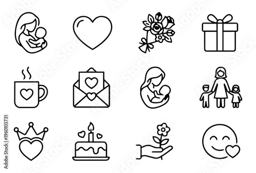 Mother’s Day Line Icons Set – Love, Family and Appreciation Outline Symbols