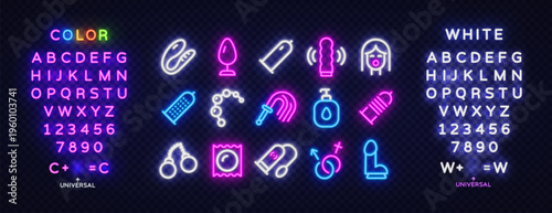 Luminous neon letters with adult accessories icons arranged in a stylish composition. Modern vector collection with alphabet, numbers and glowing elements for creative nightlife design.