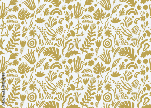 Seamless pattern ethnic ikat with floral embroidery elements. Bohemian style abstract flower art print. Traditional textile design for fabric, wallpaper, clothing with decorative ornamental repeat.