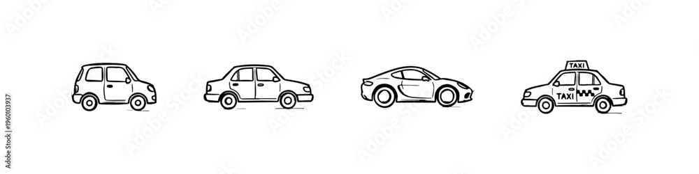 Fototapeta premium A set of four hand-drawn doodle icons featuring a taxi, a classic sedan, a sleek sports car, and a small compact city car in a sketchy style.