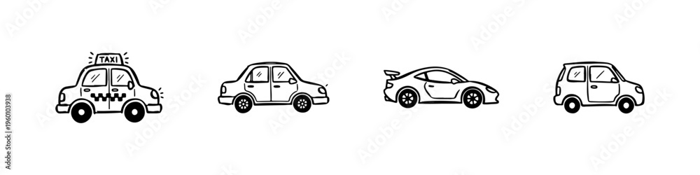Fototapeta premium A set of four hand-drawn doodle icons featuring a taxi, a classic sedan, a sleek sports car, and a small compact city car in a sketchy style.