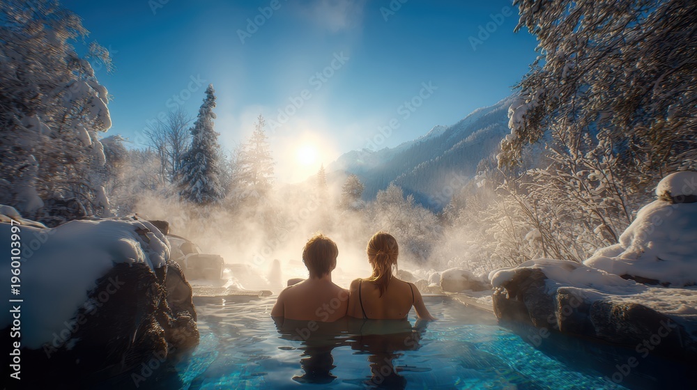 Fototapeta premium Geothermal hot springs resort, spa, bath pool, relaxation vacation theme. Two people in a hot spring surrounded by snowcovered trees and mountains, illuminated by the suns rays.