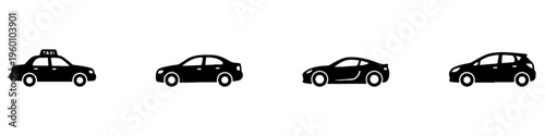 A set of four black silhouette car icons, featuring a taxi, a sedan, a sports car with a spoiler, and a compact hatchback.