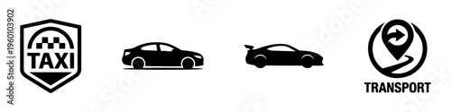 A set of four black silhouette car icons, featuring a taxi, a sedan, a sports car with a spoiler, and a compact hatchback.