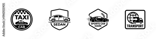 A set of four black and white automotive logos featuring a taxi cab, a sedan shield, a sports car emblem, and a global transport truck icon.