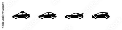 A set of four black silhouette car icons, featuring a taxi, a sedan, a sports car with a spoiler, and a compact hatchback.