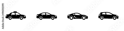 A set of four black silhouette car icons, featuring a taxi, a sedan, a sports car with a spoiler, and a compact hatchback.