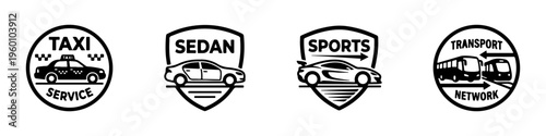 A set of four black and white automotive logos featuring a taxi cab, a sedan shield, a sports car emblem, and a global transport truck icon.