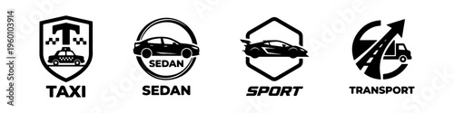 A set of four black and white automotive logos featuring a taxi cab, a sedan shield, a sports car emblem, and a global transport truck icon.