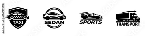 A set of four black and white automotive logos featuring a taxi cab, a sedan shield, a sports car emblem, and a global transport truck icon.