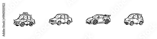 A set of four hand-drawn doodle icons featuring a taxi, a classic sedan, a sleek sports car, and a small compact city car in a sketchy style.