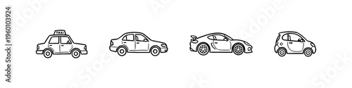 A set of four hand-drawn doodle icons featuring a taxi, a classic sedan, a sleek sports car, and a small compact city car in a sketchy style.