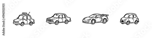A set of four hand-drawn doodle icons featuring a taxi, a classic sedan, a sleek sports car, and a small compact city car in a sketchy style.