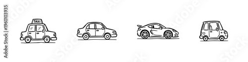 A set of four hand-drawn doodle icons featuring a taxi, a classic sedan, a sleek sports car, and a small compact city car in a sketchy style.