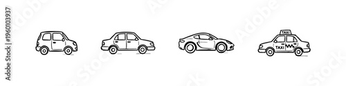 A set of four hand-drawn doodle icons featuring a taxi, a classic sedan, a sleek sports car, and a small compact city car in a sketchy style.
