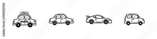 A set of four hand-drawn doodle icons featuring a taxi, a classic sedan, a sleek sports car, and a small compact city car in a sketchy style.