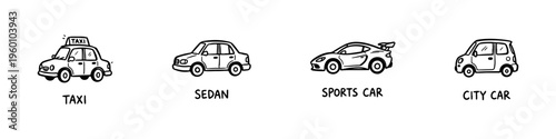 A set of four hand-drawn doodle icons featuring a taxi, a classic sedan, a sleek sports car, and a small compact city car in a sketchy style.