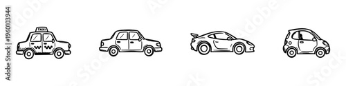 A set of four hand-drawn doodle icons featuring a taxi, a classic sedan, a sleek sports car, and a small compact city car in a sketchy style.