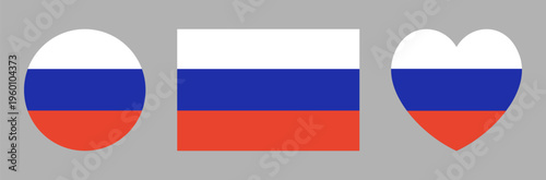 Russia flag in heart, circle, rectangle shapes icon, sticker, badge. Set. of National symbol of Russia rectangular, heart shaped, round button, banner. Russian flag background.